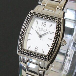 Caravelle Ladies Tonneau Style Quartz Watch By Bulova Silver Tone 26mm x 37.5mm